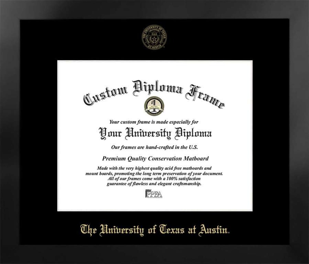 University of Texas, Austin 14w x 11h Manhattan Black Single Mat Gold Embossed Diploma Frame with Bonus Campus Images Lithograph (value savings at $59)